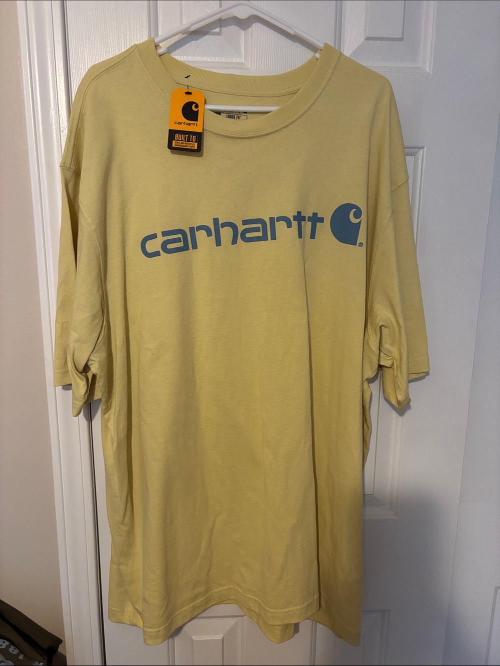 Carhartt Men's Short Sleeve Logo Tee in Pale Yellow with Blue Logo